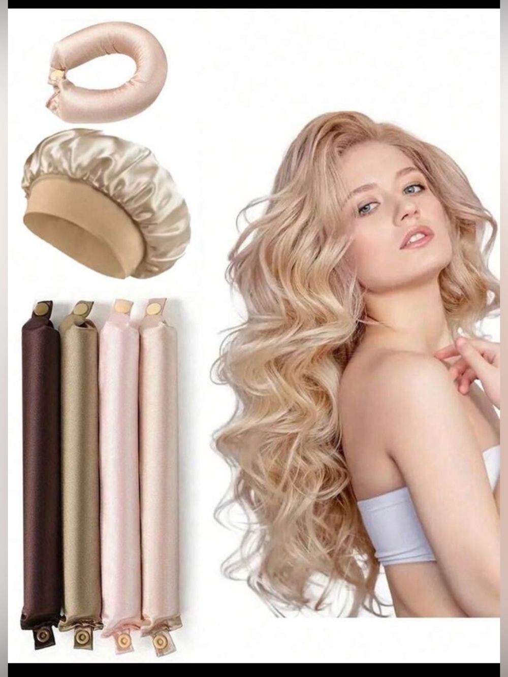 4 Hair No Heat Curling Rods with Satin Bonnet - Champagne Pink